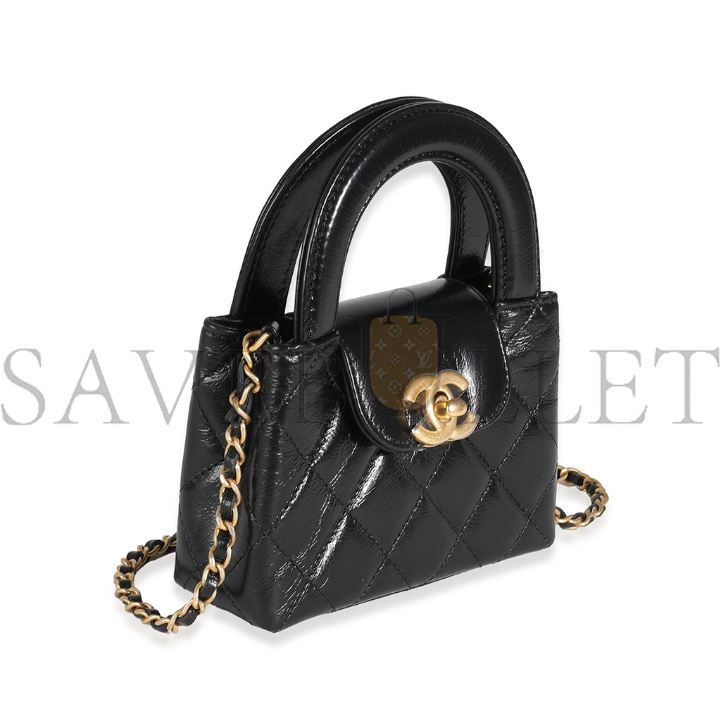 CHANEL MASTER 24P BLACK QUILTED SHINY AGED CALFSKIN MINI NANO KELLY SHOPPER AP3435 (12*8*4cm)